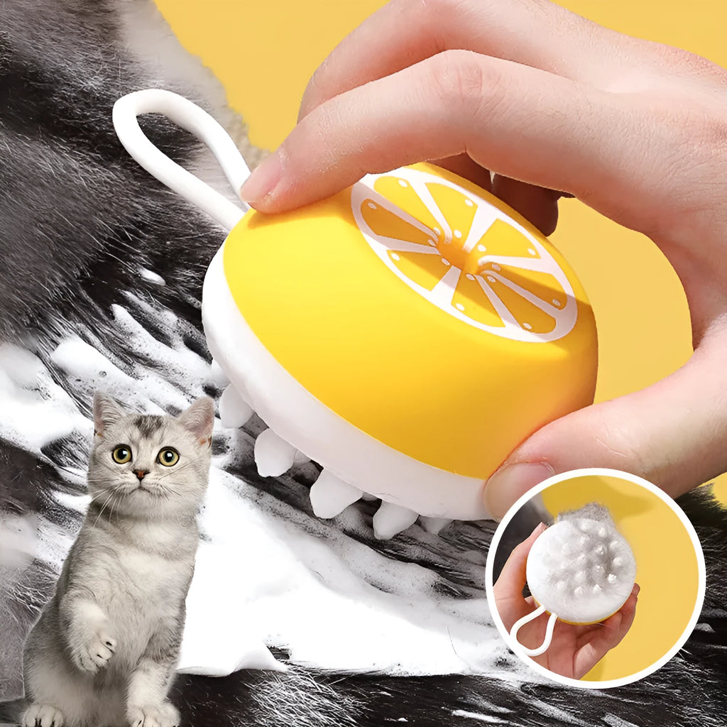 Yellow silicone pet bath brush with massage head design on wooden surface