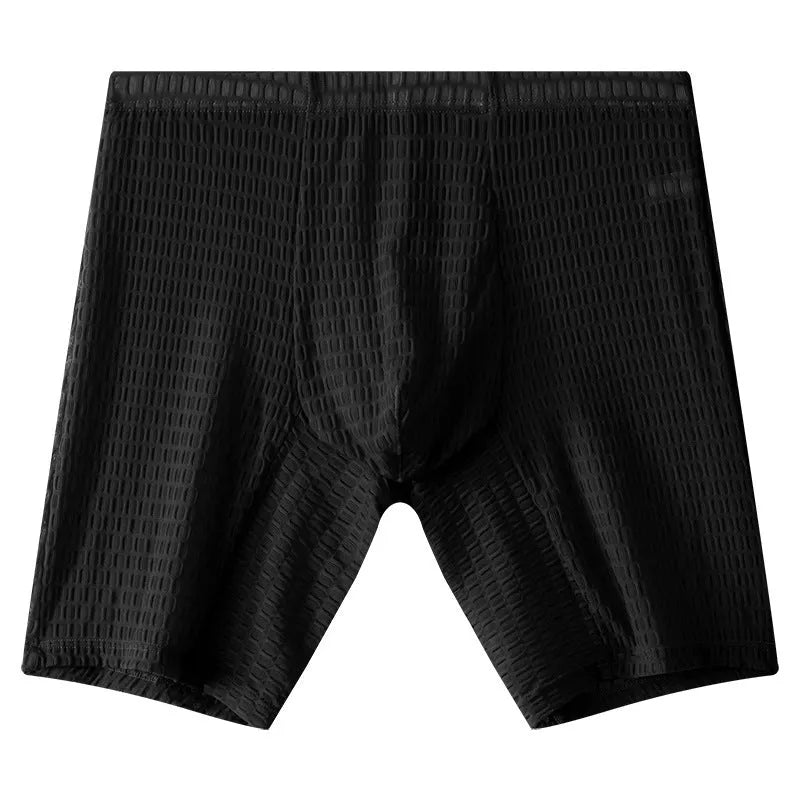 Men's lace boxer shorts in nylon fabric on a mid-waist mannequin, showing transparent knitted construction.