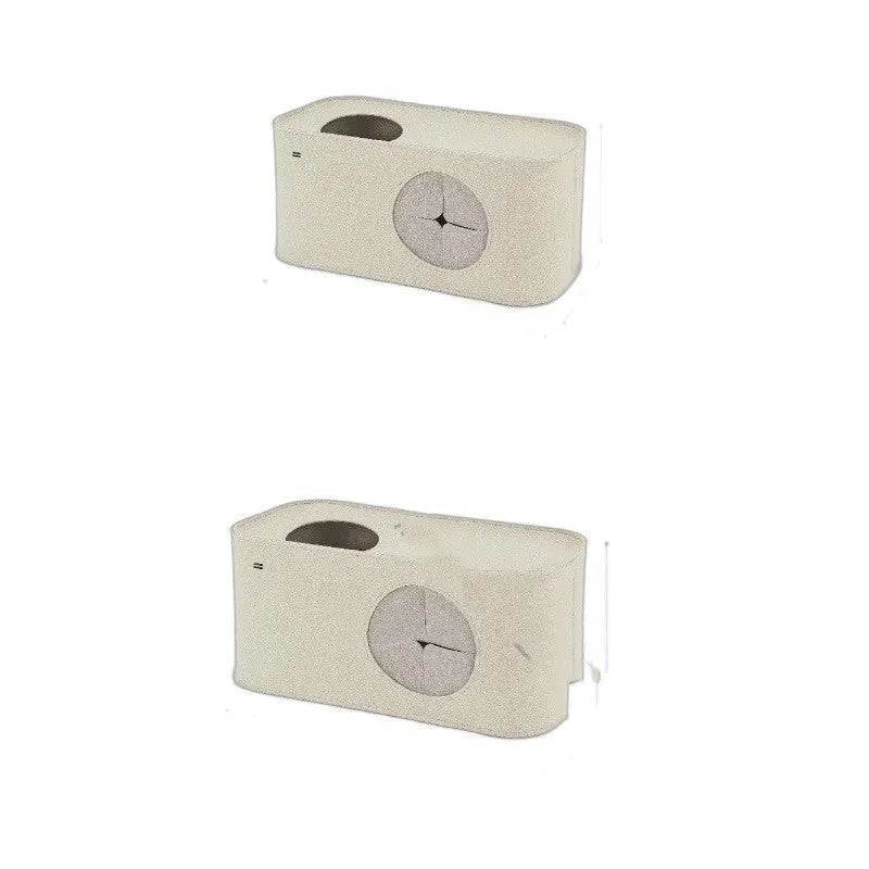 Khaki foldable felt cat nest bed showing its size next to a grey version.