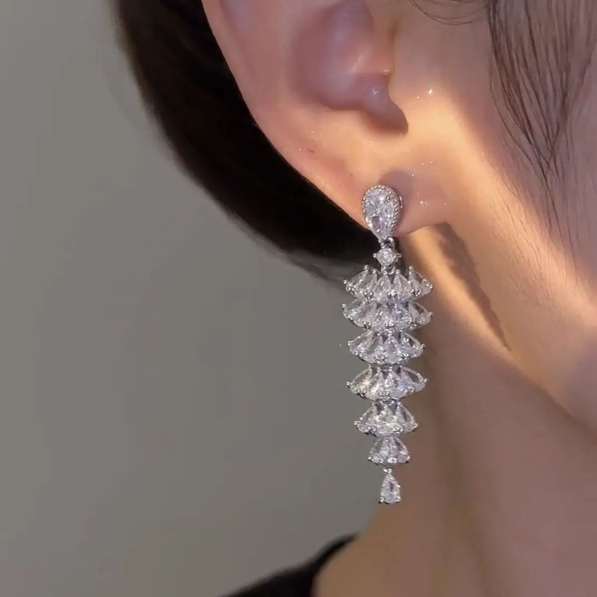 Silver plated Christmas tree drop earrings with sparkling zircon stones on copper stud posts