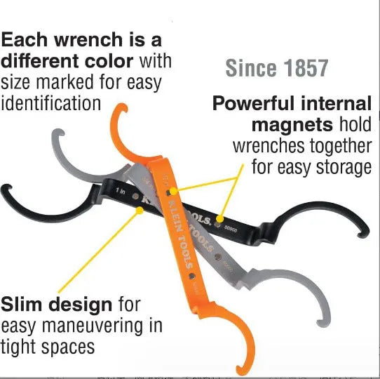 Three magnetic suction wrenches in orange, grey, and black colours with a crescent design.