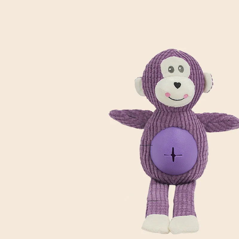 Animal-shaped stuffed dog toy in three bite-resistant colours Green Orange Purple on a white background