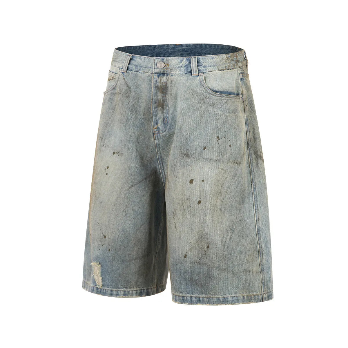 Blue cropped washed denim middle pants with straight leg street fashion style and zipper fly
