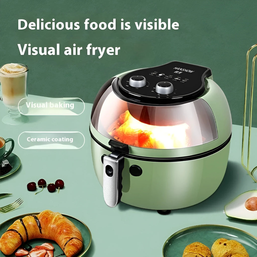 Air fryer oven with visible cooking window and mechanical control panel