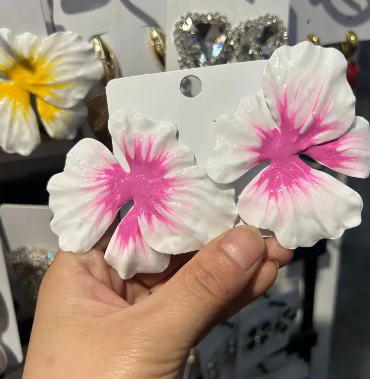 Alloy flower stud earrings with oil-spot glaze finish in blue, green, purple and rose colours