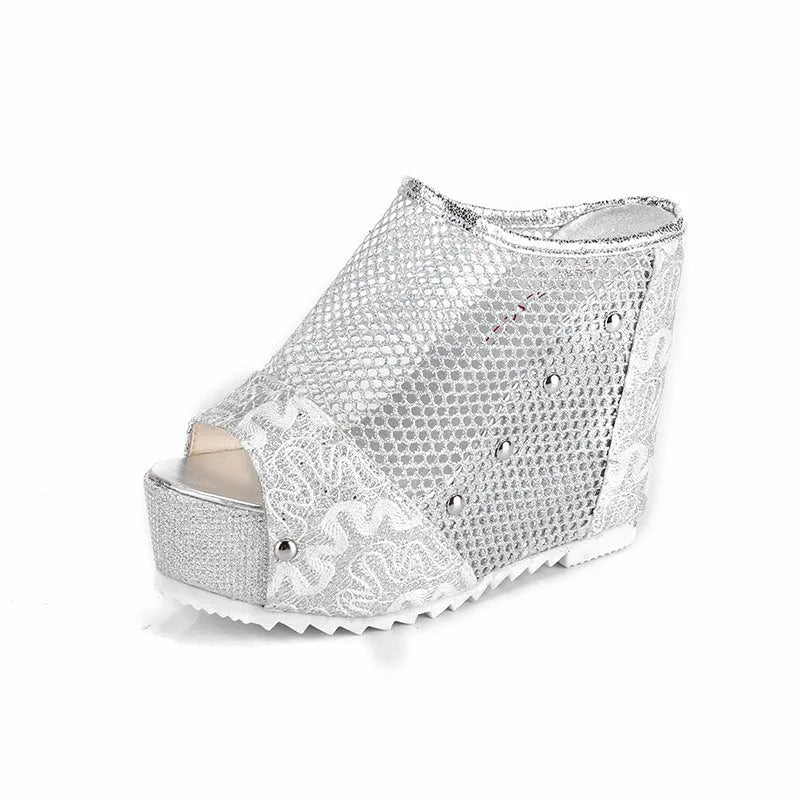 Korean platform flip-flops with a hollowed-out heel, chunky platform, and lace-up mesh upper in metallic colours.