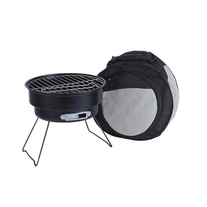Small folding round ice stove with grill mesh and complete barbecue accessories set
