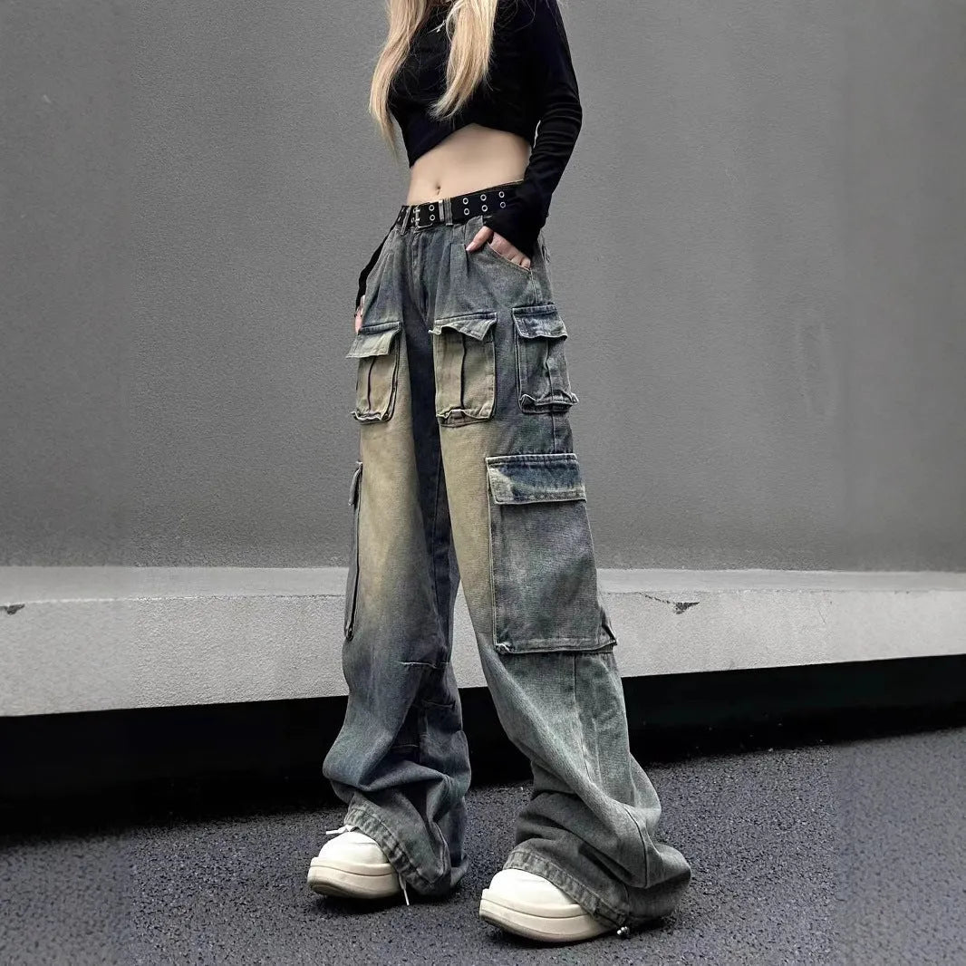 Men's loose fit distressed denim jeans with multiple pockets in street hipster style