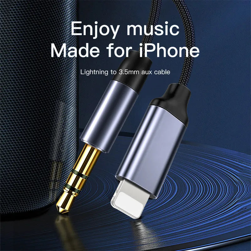 Silver nylon-braided audio cable with 3.5mm connectors on a dark background.