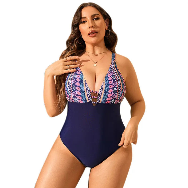 Leopard print plus size one-piece swimsuit with cover belly design and V-neck.