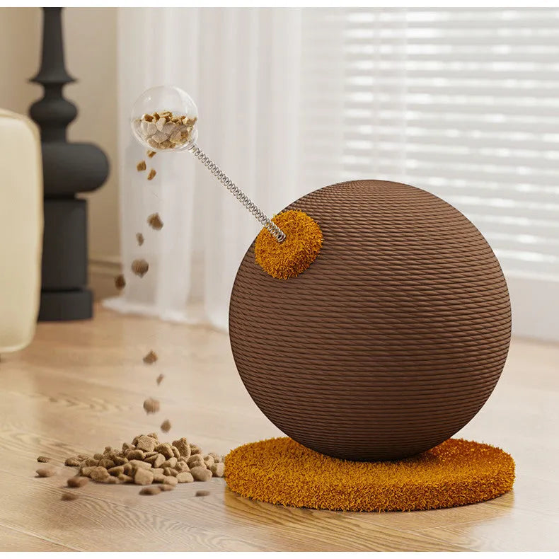 Anti-scratch cat toy tumbler with hemp rope construction and food-dispensing function