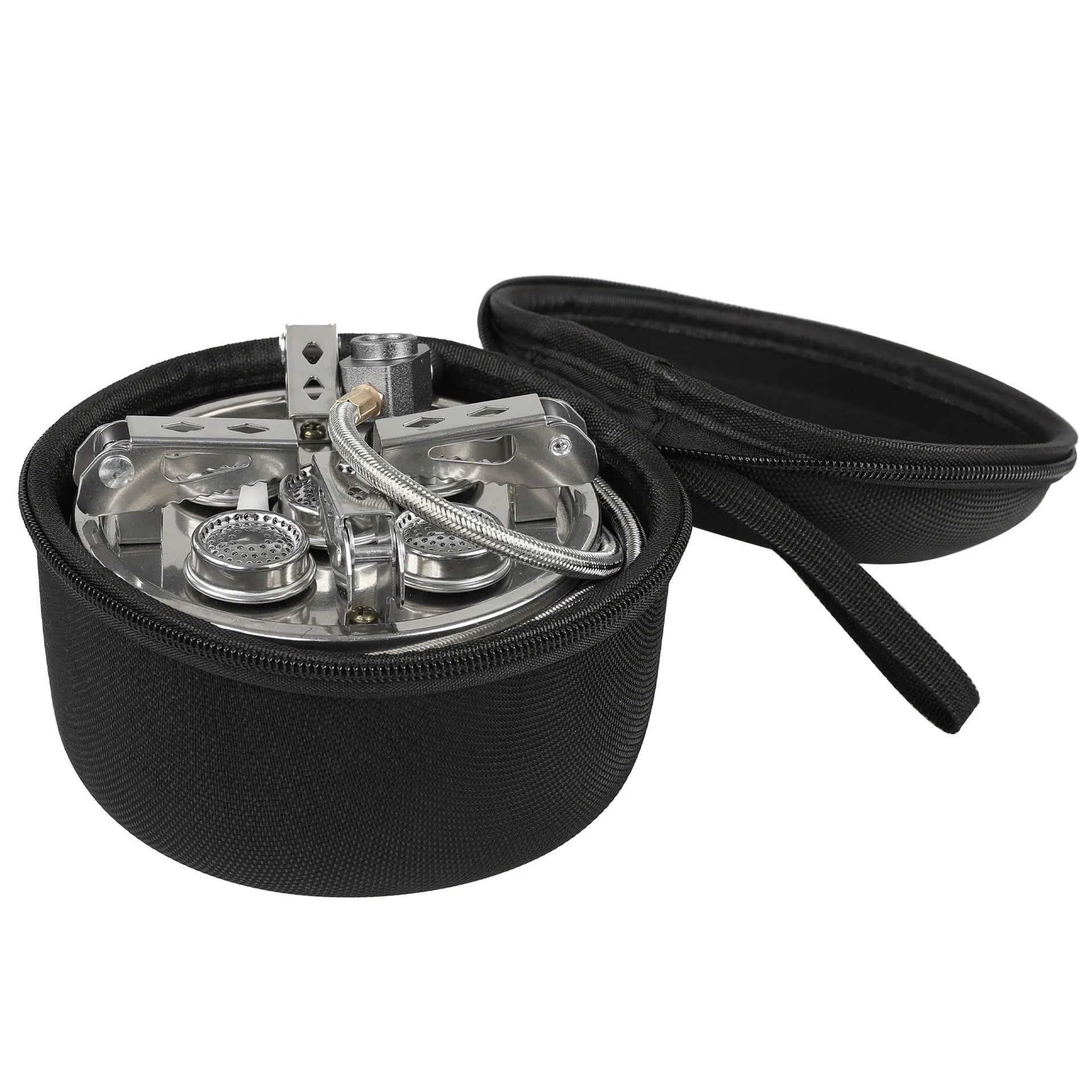 Silver foldable split camping stove with extended gas hose on a grey background