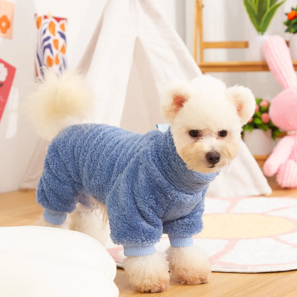 Khaki four-legged dog clothes with high collar and towing ring made of double-sided plush fabric