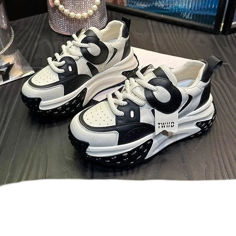 Thick-soled leather wedge heel trainers in silver, carmine, black coffee, and black and white colours on a white background.
