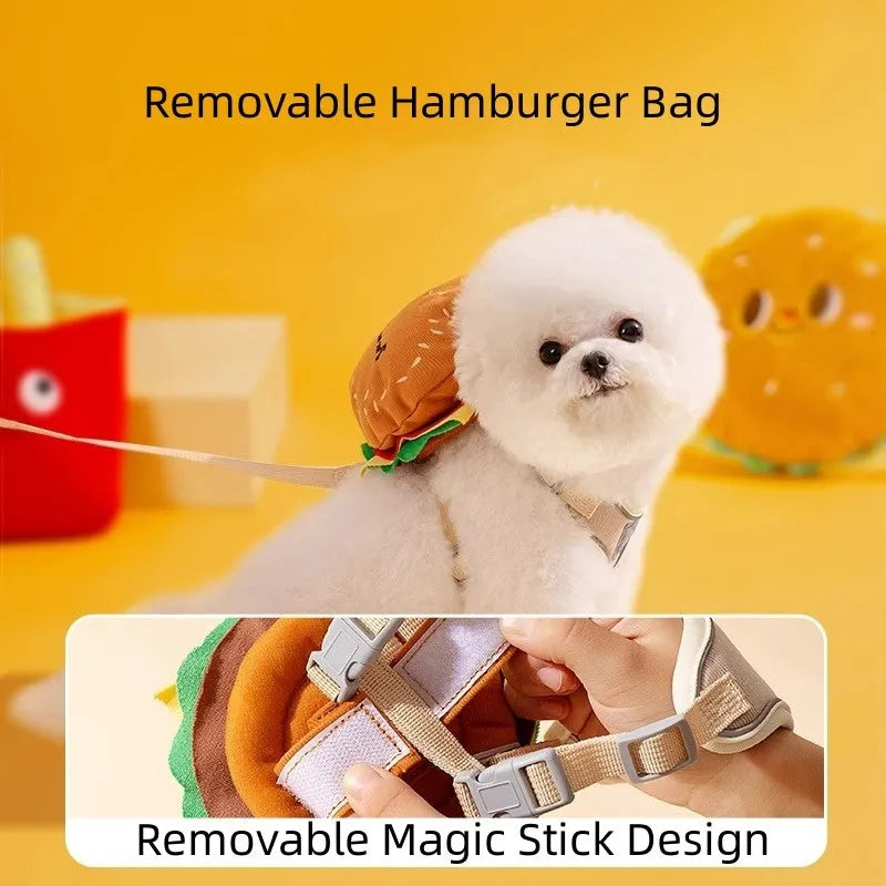 Cartoon hamburger design adjustable vest leash and harness with backpack for a dog.