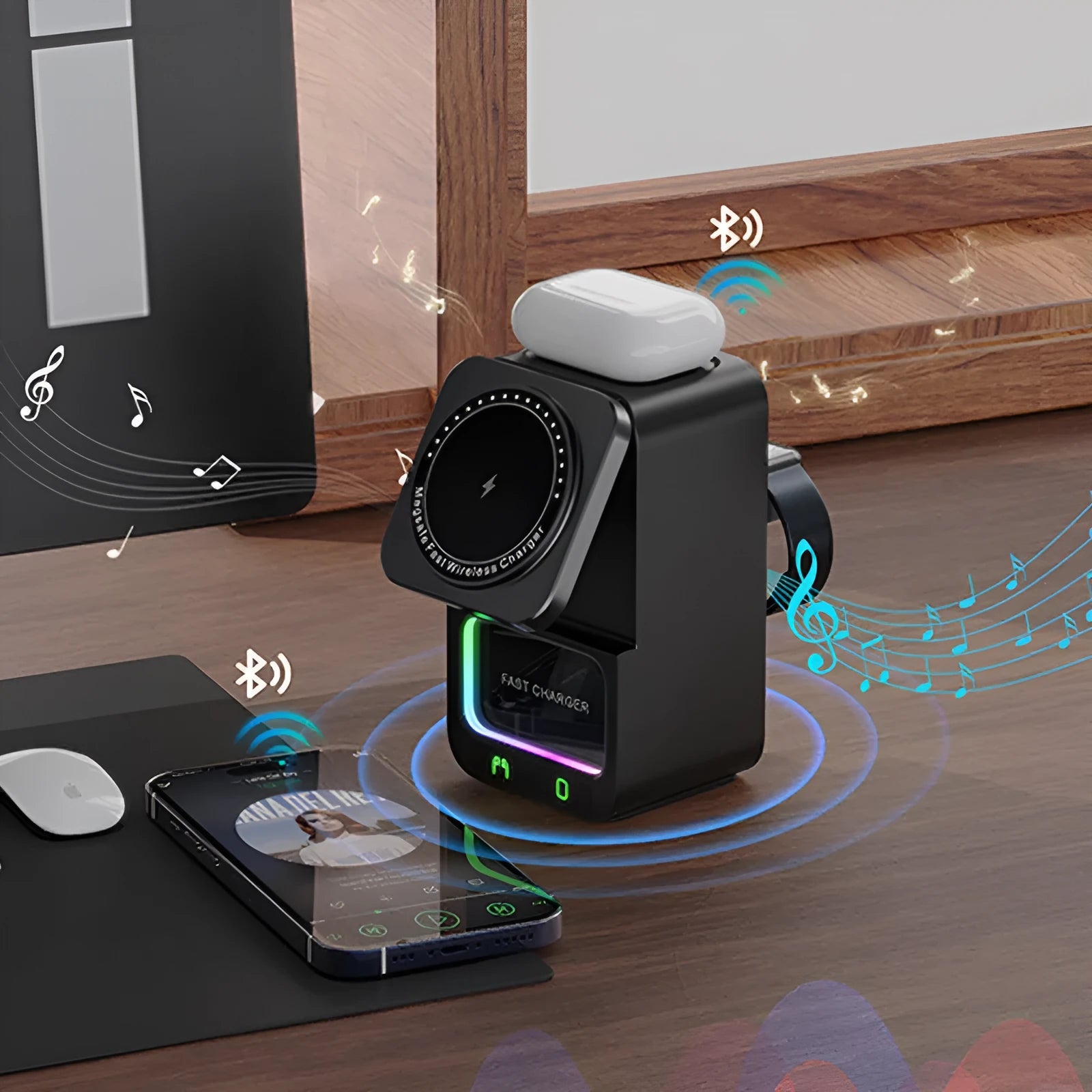 White and black 5-in-1 wireless charger Bluetooth speaker with magnetic charging support