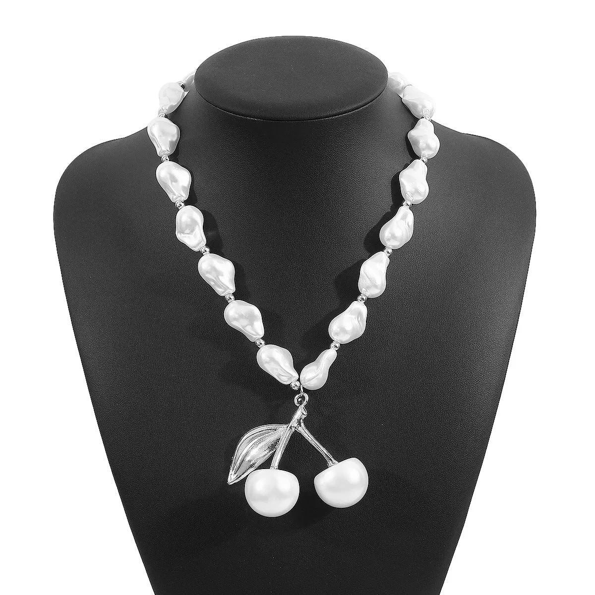 Creative pearl cherry fruit necklace for women with adjustable alloy chain in gold or white K finish