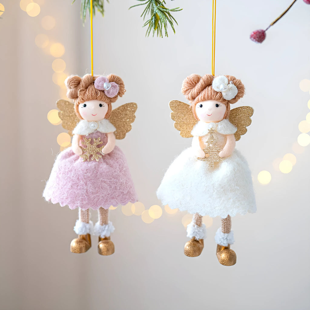 Soft pink and white cloth Christmas angel wings plush pendant ornament hanging.
