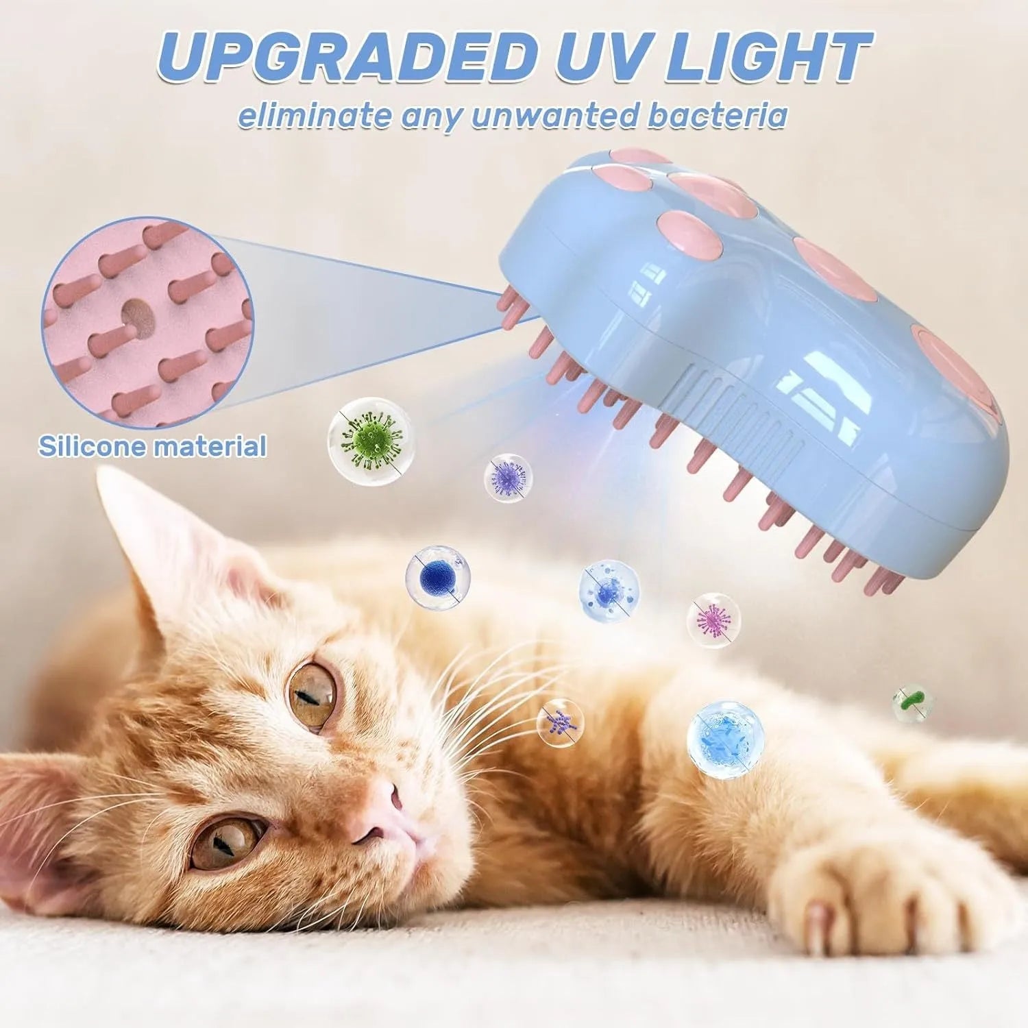 Blue self-cleaning cat steam brush with silicone massage head and water spray function.