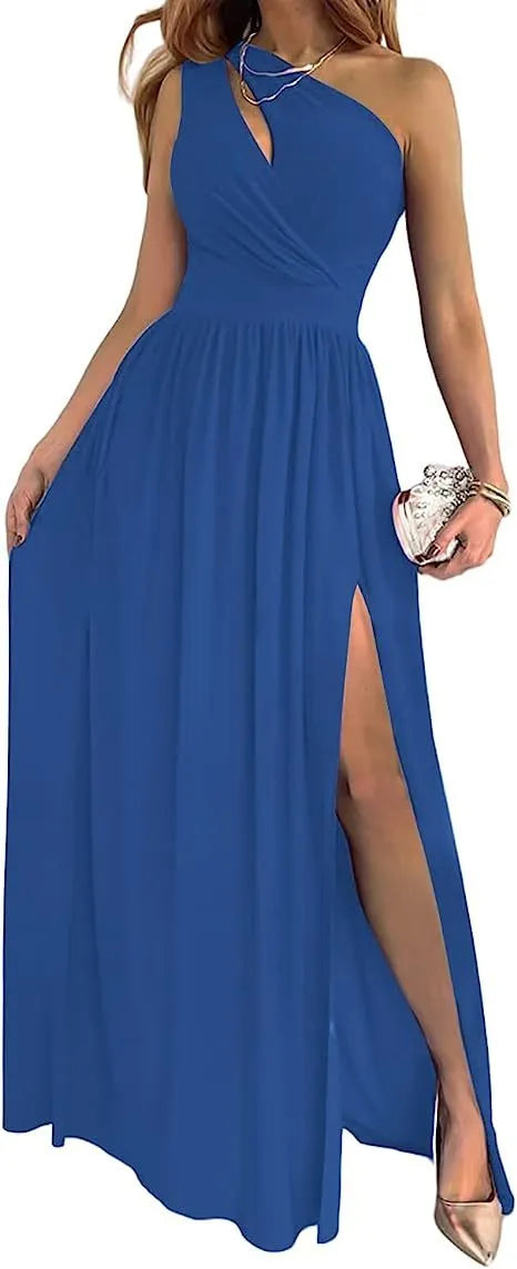 Women's apricot one-shoulder sleeveless maxi dress with high thigh split and cutout detail on mannequin.