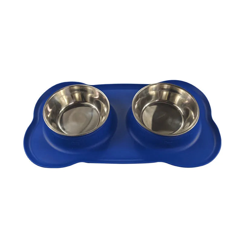 Large silicone double dog bowl with stainless steel inserts in raised feeding design