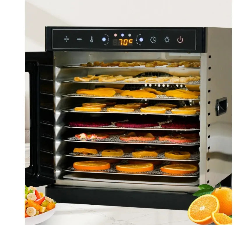 Stainless steel food dehydrator with visual skylight window and LED control panel.