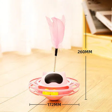 Pink self-moving cat toy with turntable base measuring 17cm by 10cm