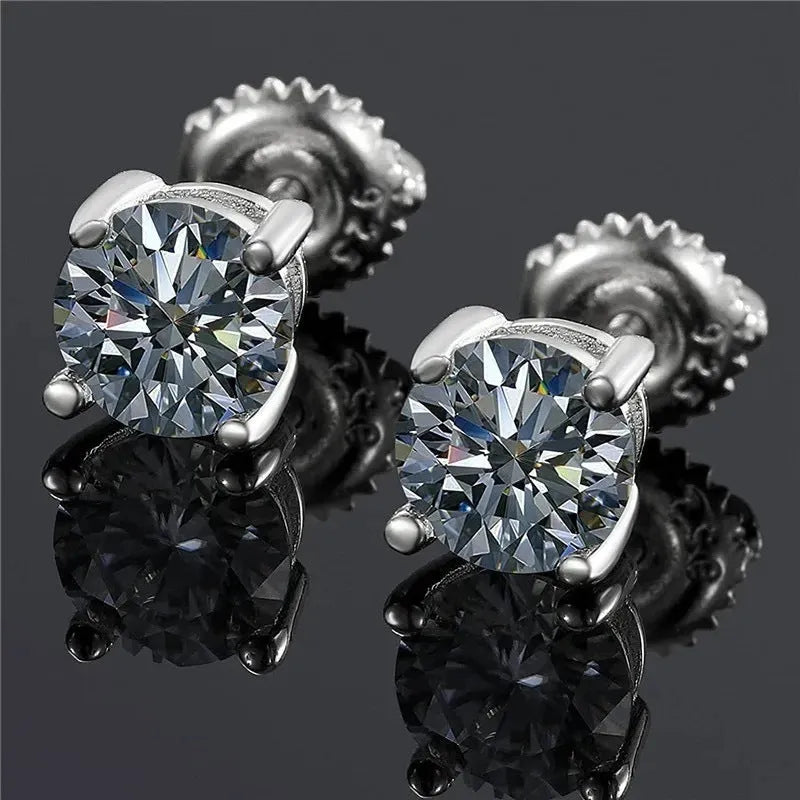 Screw four claw moissanite stud earrings geometric design 7mm width silver setting