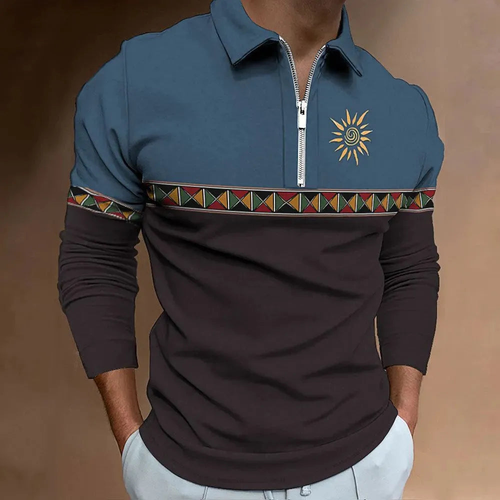Men's loose fit long sleeve t-shirt with retro stripe printing and zipper detail.