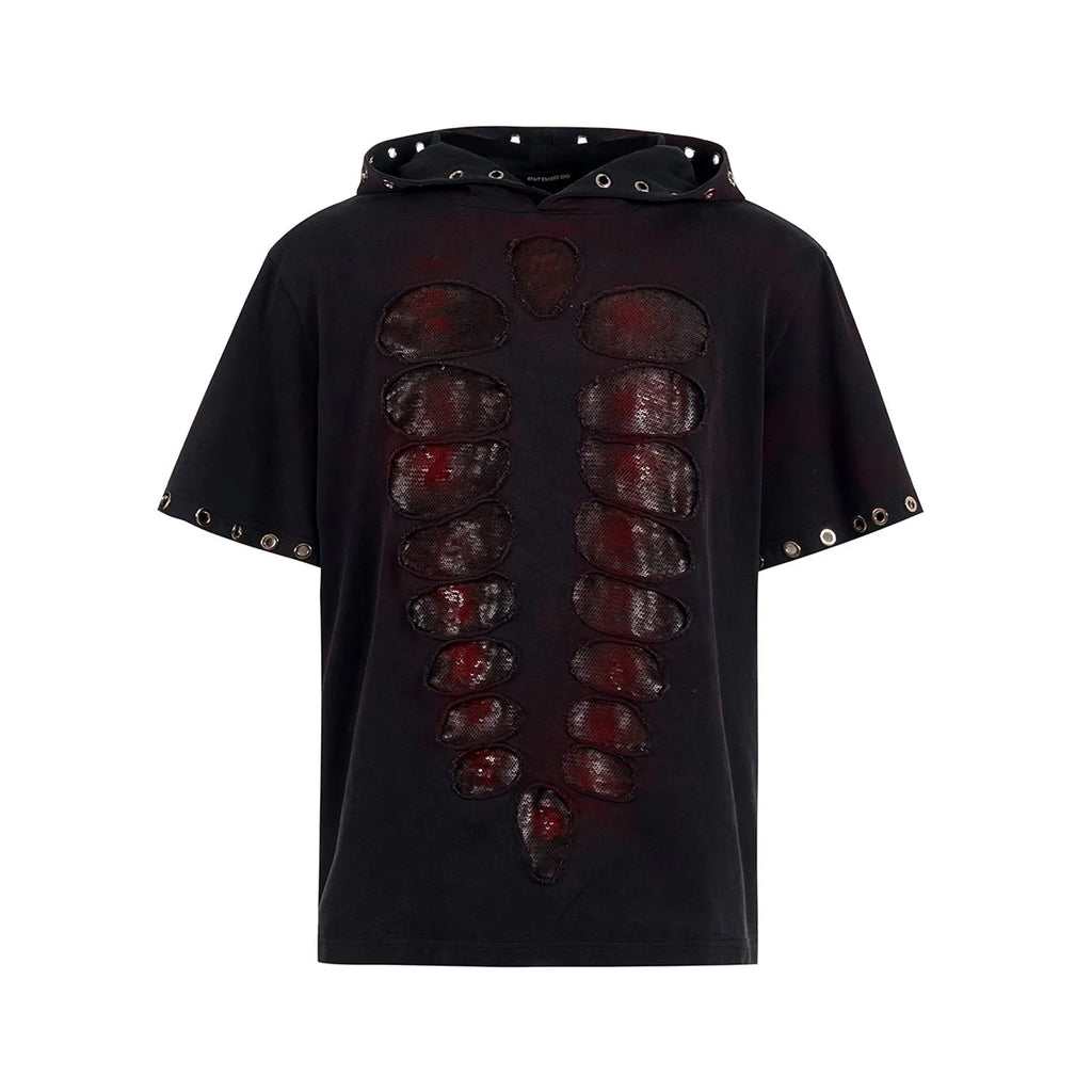 Black men's hooded short-sleeved t-shirt with sequin detailing and loose-fit design