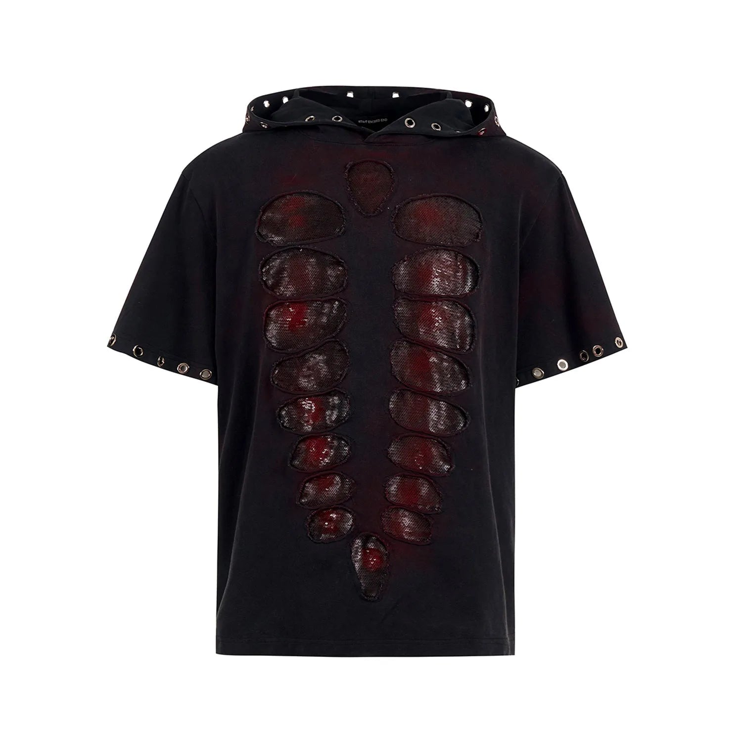 Black men's hooded short-sleeved t-shirt with sequin detailing and loose-fit design
