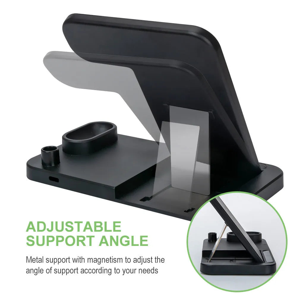 15W folding 4-in-1 wireless charger for Apple devices in vertical and flat charging positions