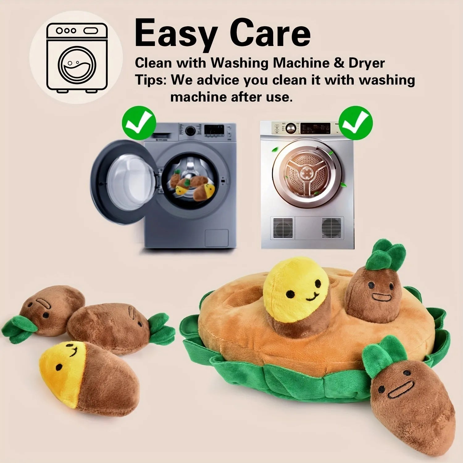 Yellow interactive dog puzzle toys set with polyester sniffing pad and three removable squeaky plush toys