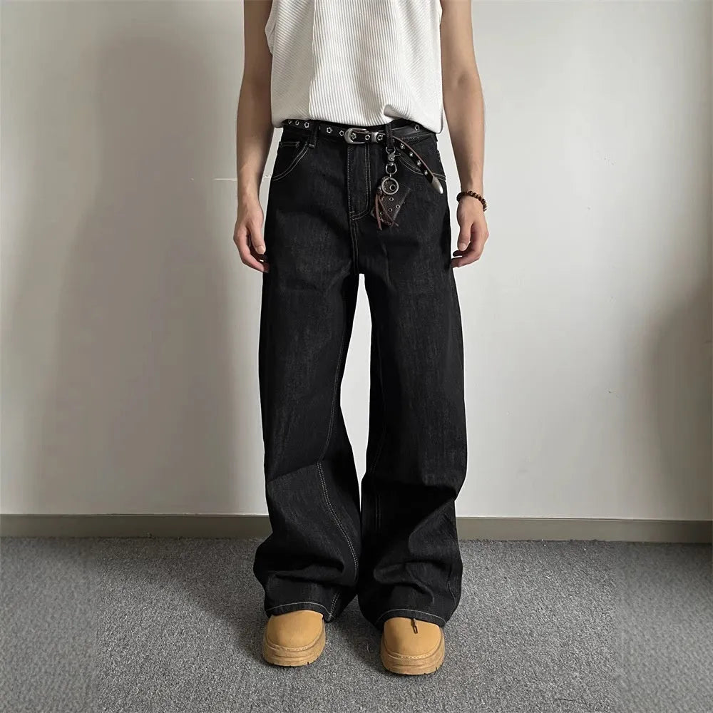 Black retro straight-leg wide-leg jeans with zip fly on mid-waist