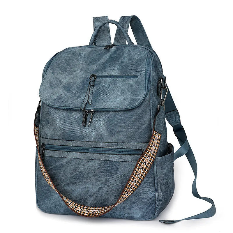 Retro college student backpack in black with curved shoulder straps and stitching detail