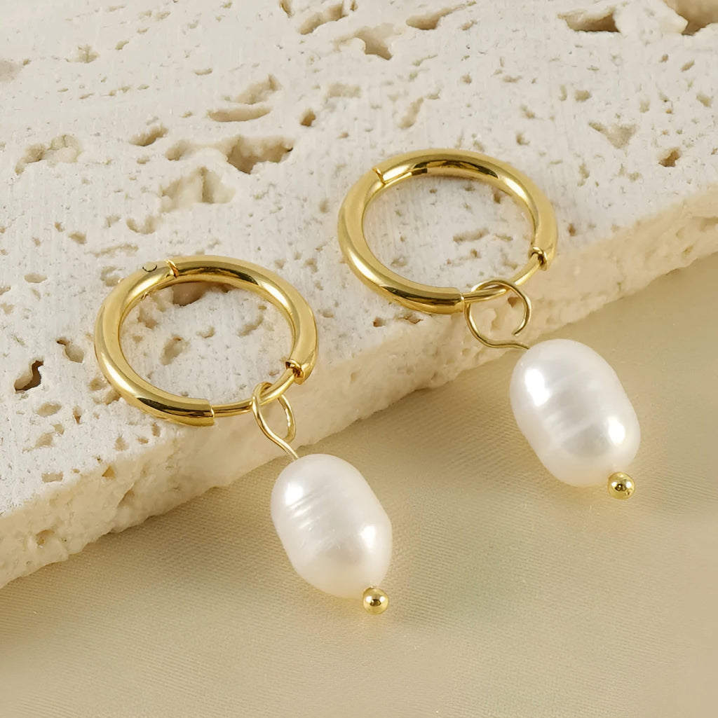 Gold stainless steel geometric earrings with freshwater pearl and titanium posts