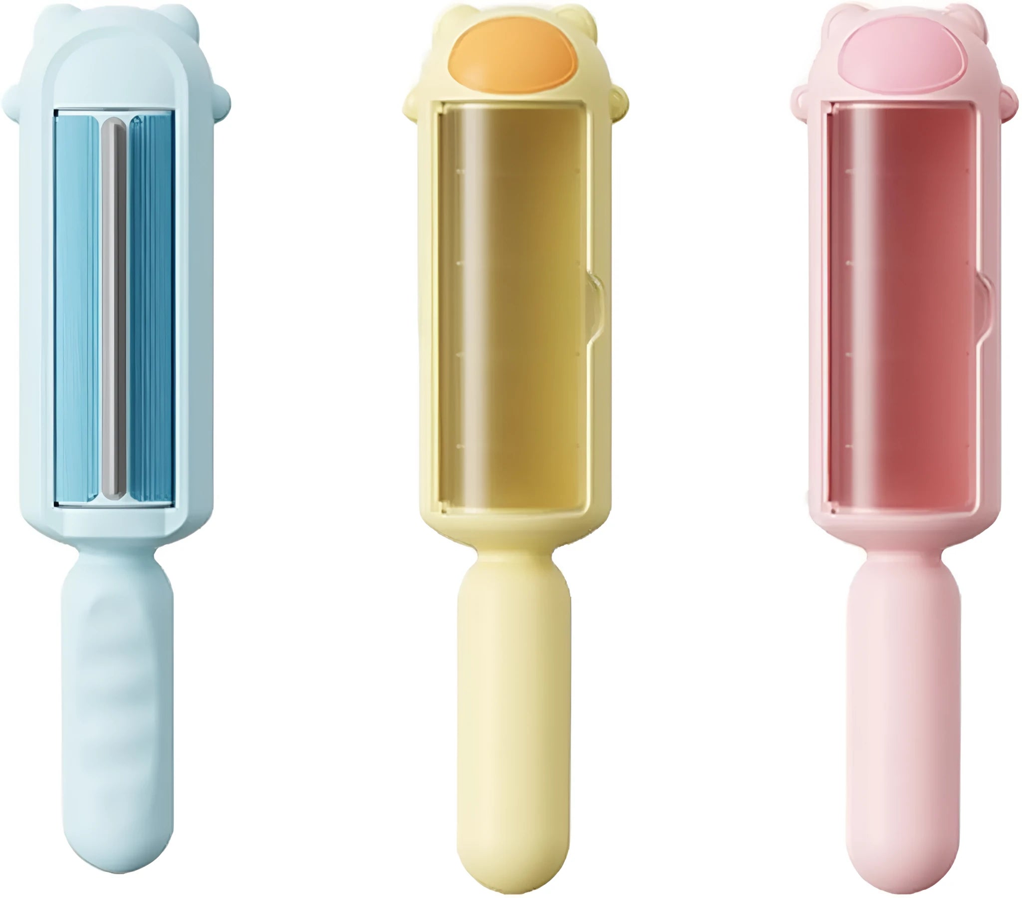 Blue reusable pet hair remover roller with self-cleaning base on a carpet.