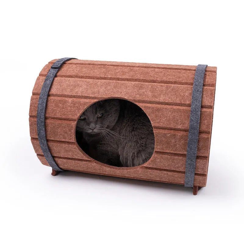 Wine barrel shaped DIY cat bed made from three grey felt pieces with binding straps
