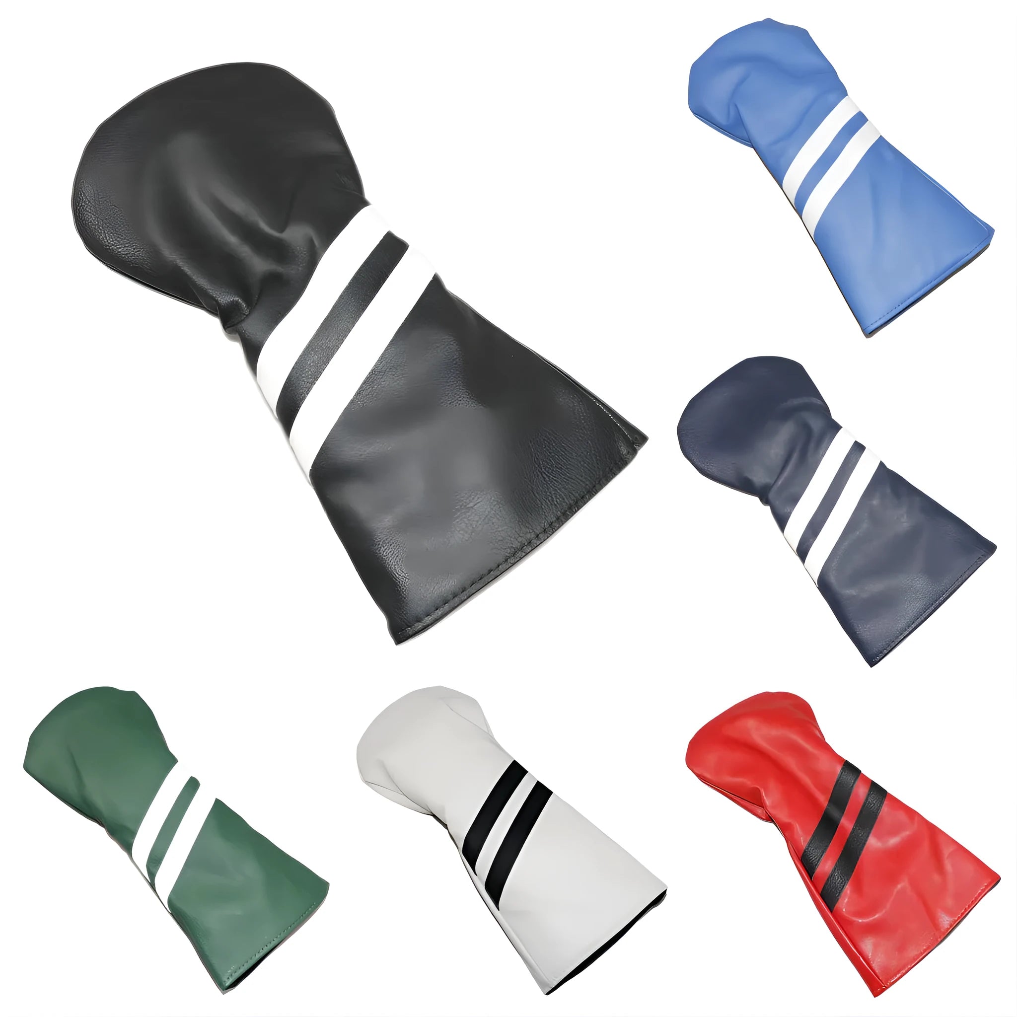Golf club head cover with two oblique stripes in blue colour showing size dimensions
