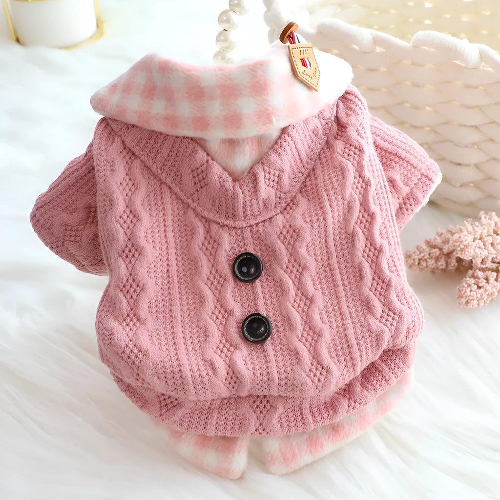 Blue wool plaid fleece-lined dog sweater faux two-piece design on small dog