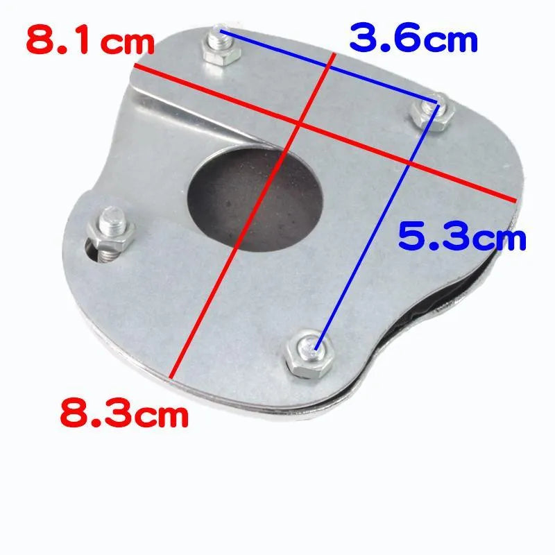 Metal motorcycle brake pedal skid plate kit showing three pedal designs: foot pedal, square foot pedal, and small brake plate
