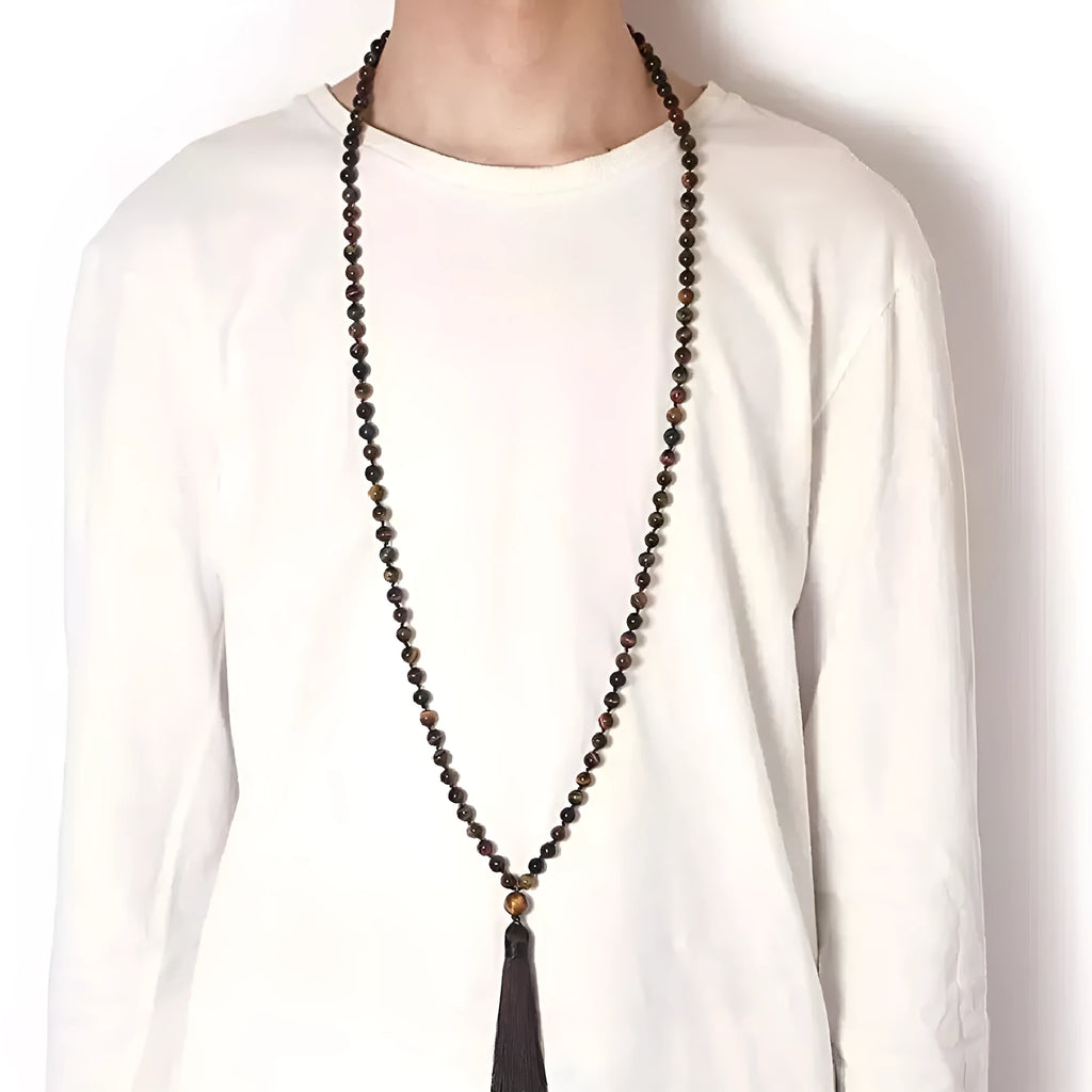 95-100cm agate tassel necklace with geometric pattern and mixed stone beads including amethyst and lapis lazuli