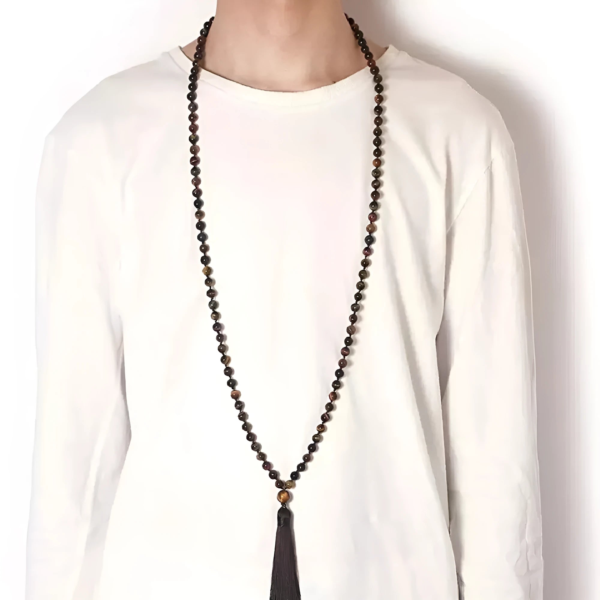95-100cm agate tassel necklace with geometric pattern and mixed stone beads including amethyst and lapis lazuli