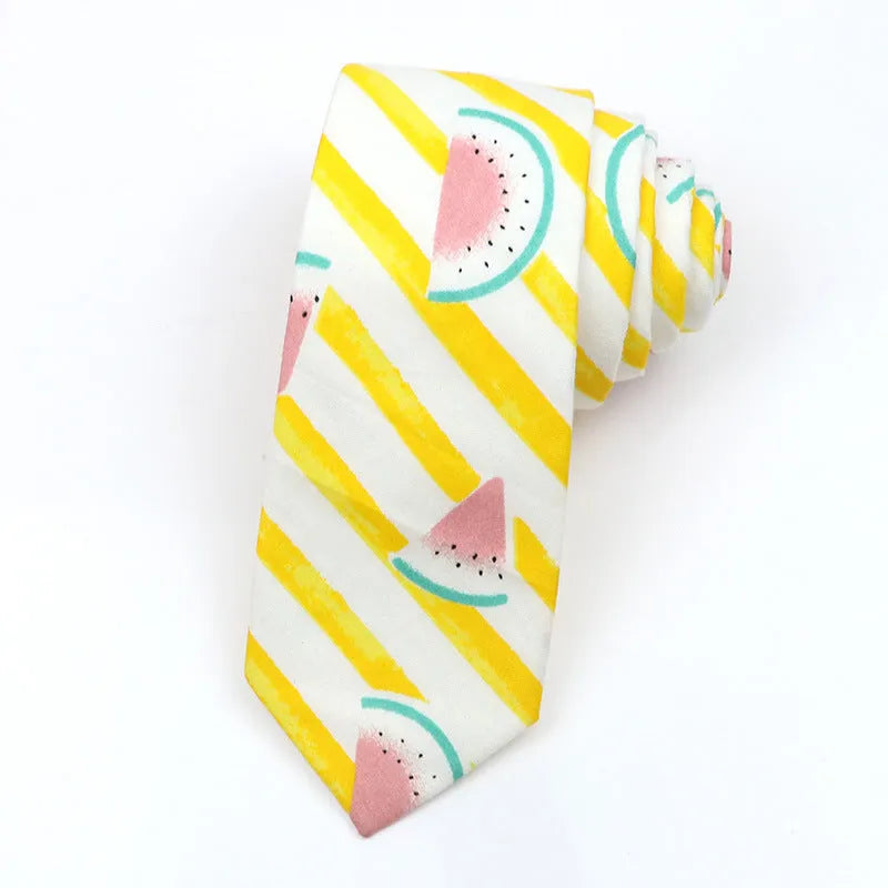 Narrow Korean-style cotton bow tie with a printed cartoon pattern.