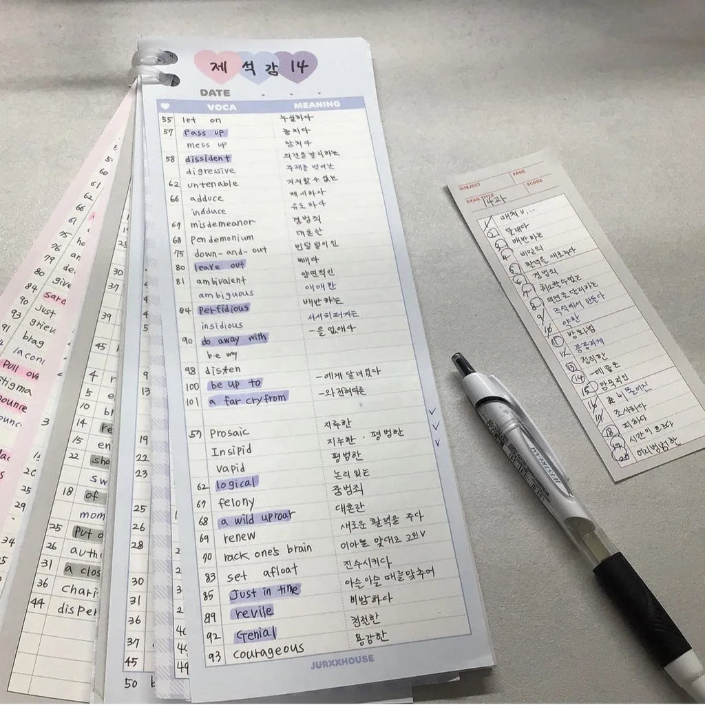 Vertical format B5 half-size notepad with English word printing in pink, purple, or blue cover options