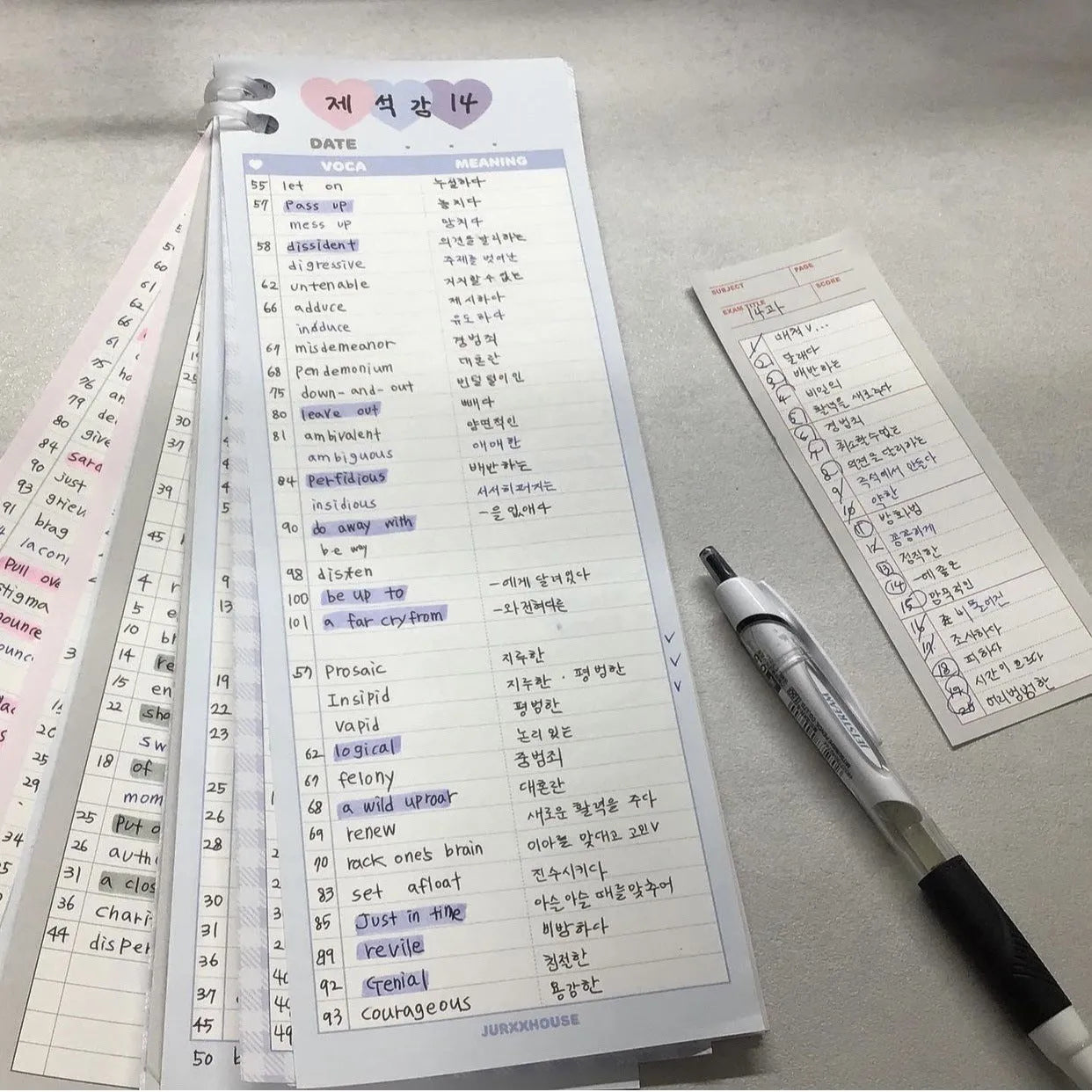 Vertical format B5 half-size notepad with English word printing in pink, purple, or blue cover options