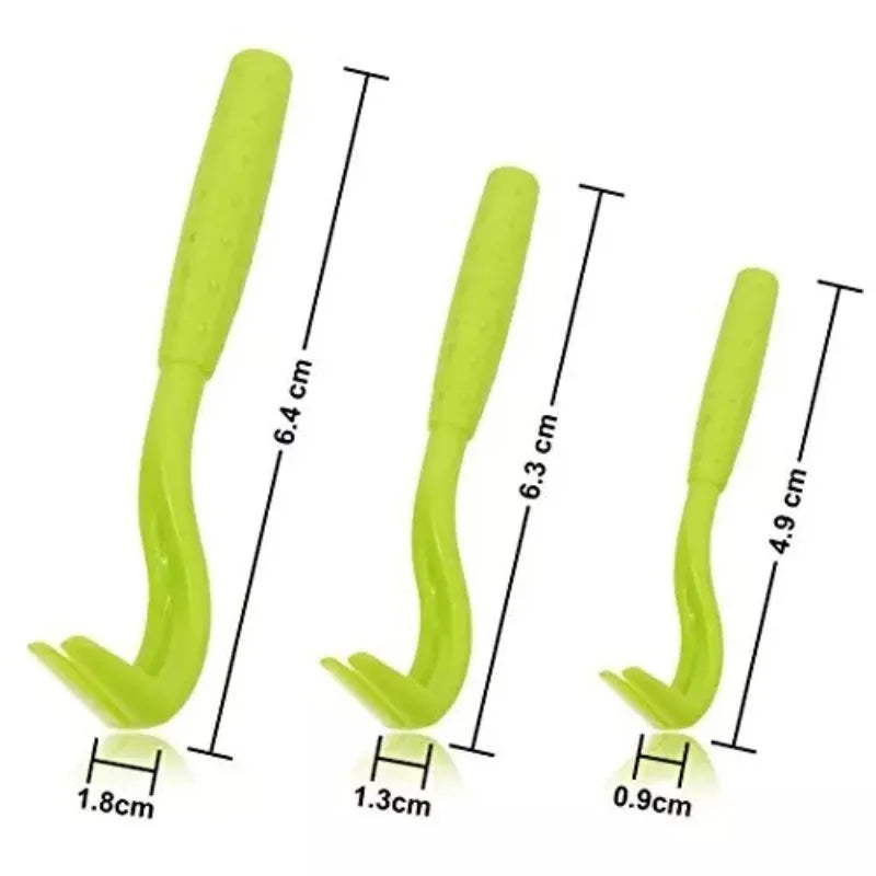 Three blue and green plastic pet tick removal hook tools on a white background.