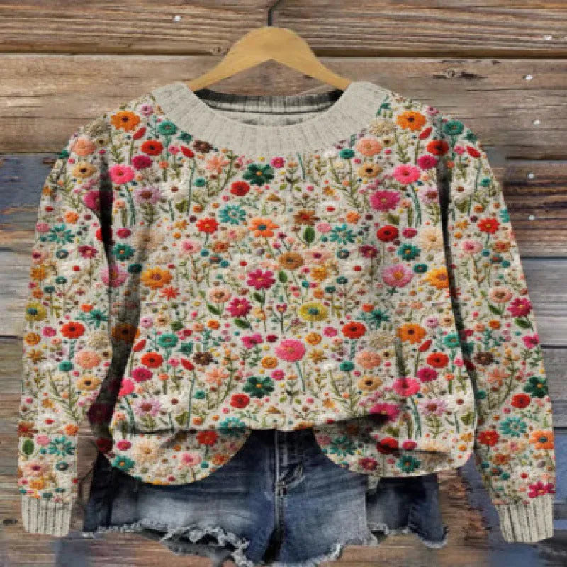 Women's digital printed floral pattern round neck sweater in polyester fabric