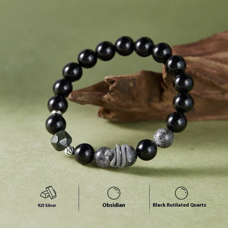 Men's S925 sterling silver snake bracelet with obsidian black crystal and retro zodiac design