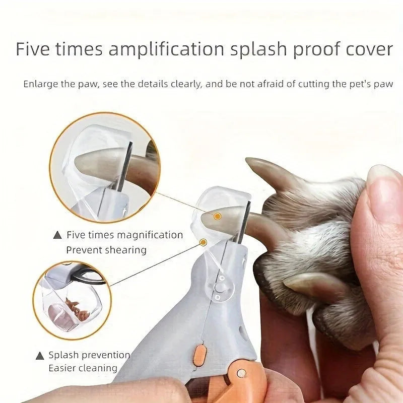 Yellow LED pet nail trimmer with magnifying glass and light-up head for trimming cat and dog nails.